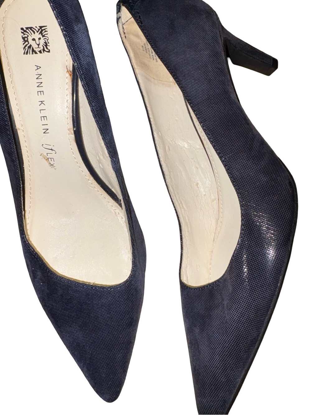 Anne Klein iFlex Navy Pointed-Toe Mid Heel Pumps — Textured Finish